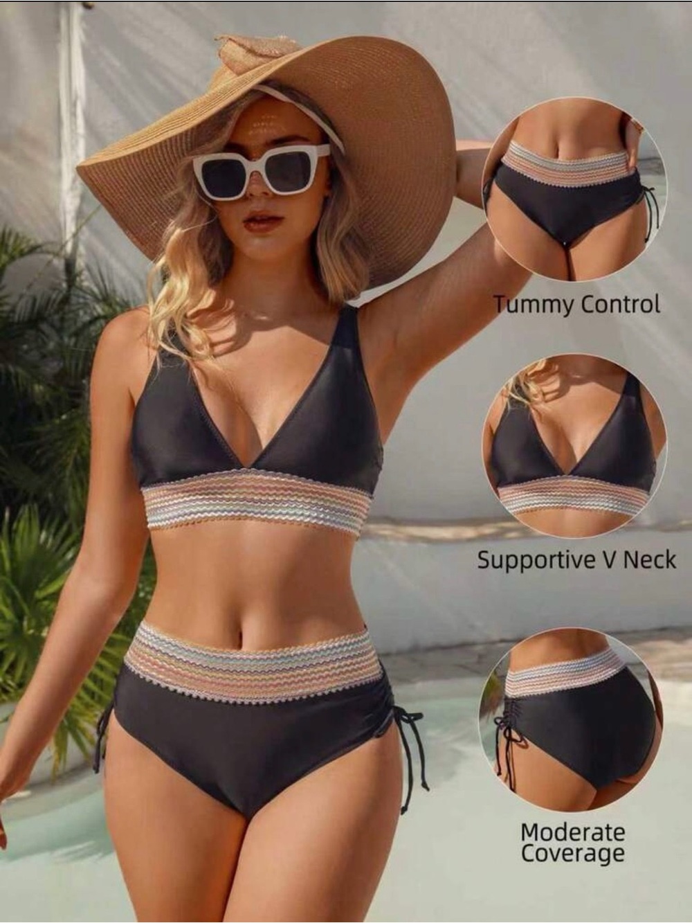 Blooming Jelly Black High-Waist Bikini Set with Multicolor Woven Trim NWT